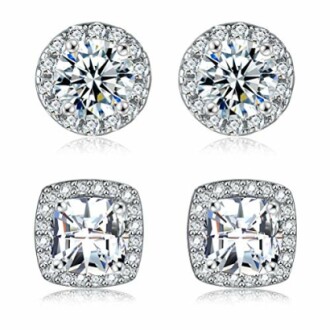 Two pairs of crystal stud earrings, one round and one square.