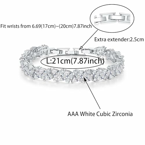 Cubic zirconia bracelet with extender and measurements.