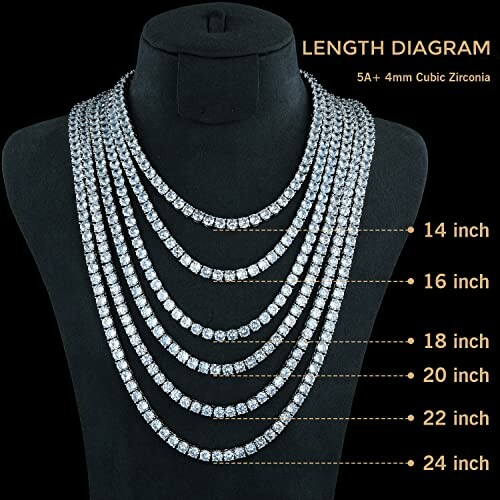 Cubic zirconia necklace length diagram with measurements from 14 to 24 inches.