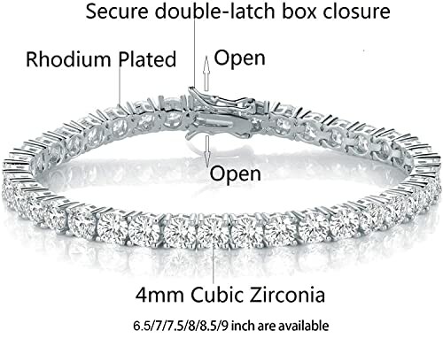 Rhodium plated cubic zirconia tennis bracelet with double-latch closure.