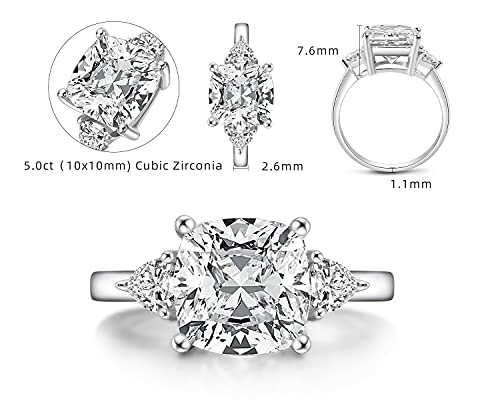 Side view of the cushion cut cubic zirconia ring with dimensions