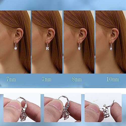 Four images showing different sizes of earrings on a person's ear, labeled 7mm, 7mm, 8mm, and 10mm, with close-up views of the earrings below.