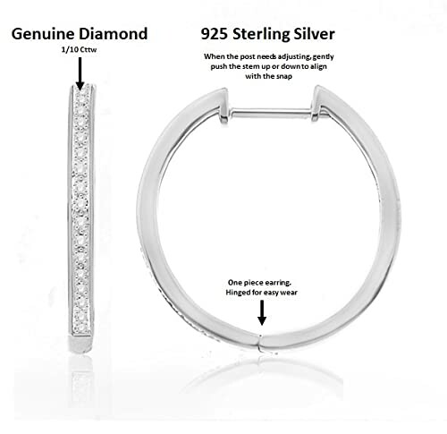 Genuine diamond and 925 sterling silver hoop earrings with size measurements