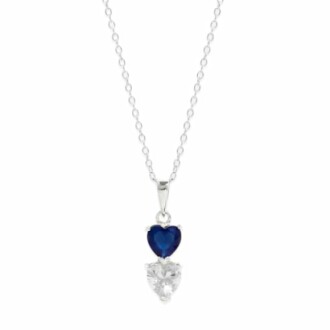 Silver chain necklace with heart-shaped blue and clear gemstones.