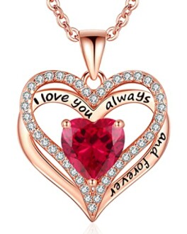 Rose gold heart-shaped pendant with red gemstone and 'I love you always and forever' inscription.