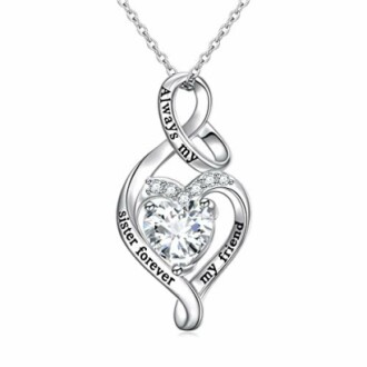 Heart-shaped necklace with 'Always my sister forever my friend' engraving.