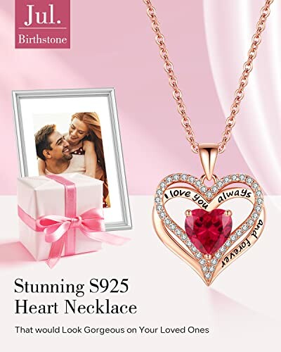 July birthstone heart necklace with gift box and photo frame.