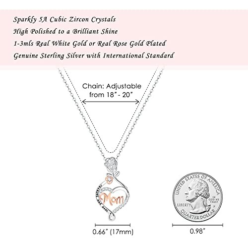 Mom heart pendant necklace with cubic zirconia, size comparison with a dime.