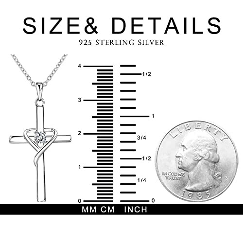 925 sterling silver cross necklace with size details next to a coin for scale.