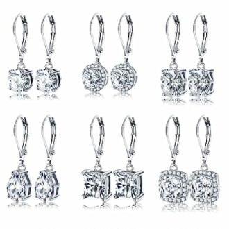 Set of six pairs of silver crystal earrings with leverback clasps