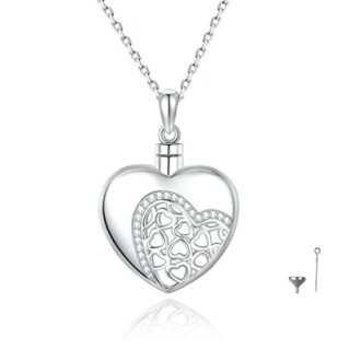 Silver heart-shaped pendant necklace with small funnel and pin.