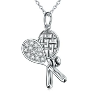 Silver tennis racquet pendant with ball and chain.