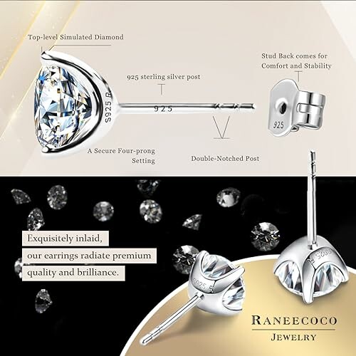 Simulated diamond earrings with detailed features and brand name Raneecoco.