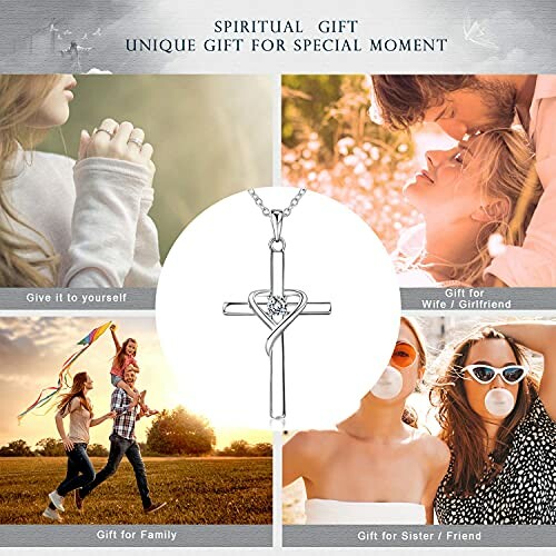 Collage of people with a central cross necklace, labeled as a spiritual gift for various relationships.