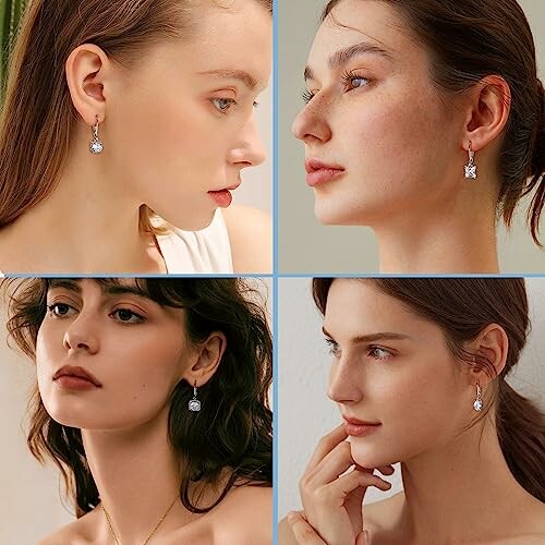 Four women wearing elegant earrings in a collage.